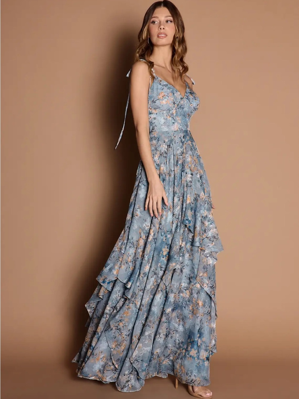 Azazie Blue Floral V-Neck Tie-Strap Maxi Dress - Picture 4 of 10